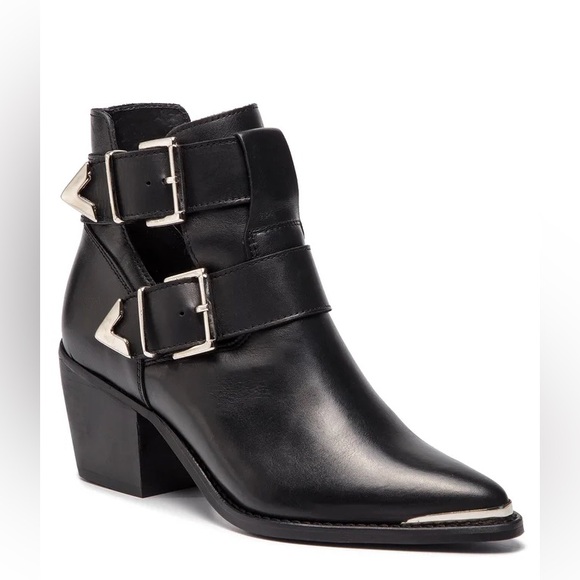 None Shoes - Genuine Black Leather Ankle Boots with Silver Buckle and tips size 8